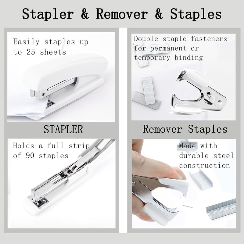 Scindaly White Office Desk Accessories Supplies, 12pcs Desk Organizers and Accessories with Tape dispenser and Stapler,Staples,Staple Remover,Pen Holder,Scissor,Ruler,Sticky Tabs,Tape,Ballpoint Pen,Clips Set - Image 3
